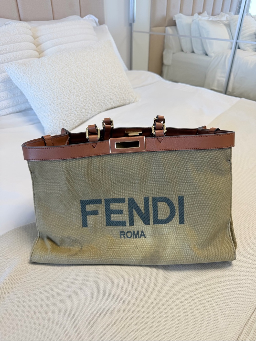 Fendi Roma Canvas Tote Bag in Olive with Brown Trim